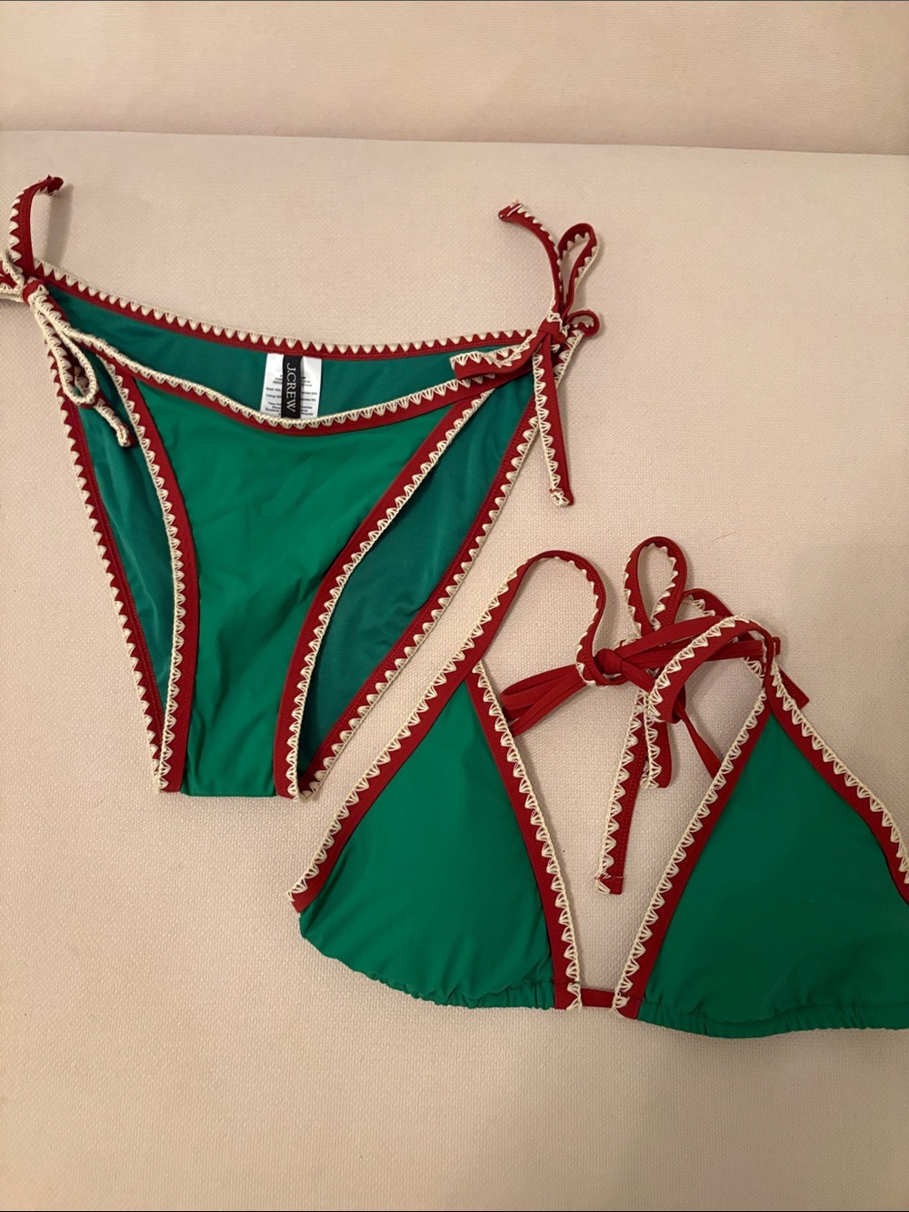J. Crew Green Bikini with Red and Cream Trim - Triangle Tie Set